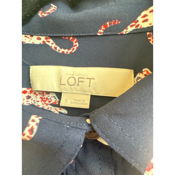 Loft Sheer Navy Collar Button Down Leopard Cat Novelty Print Blouse - Picture 2 of 8